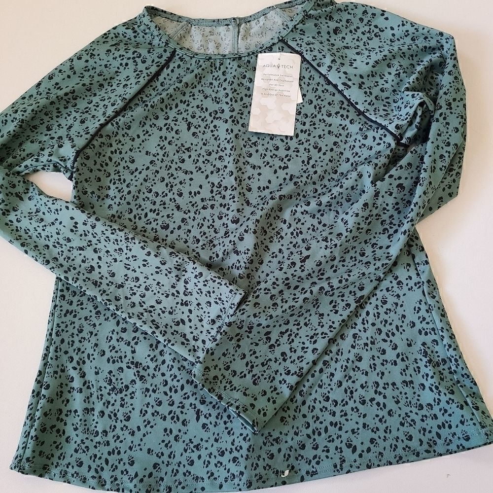 NWT Aqua Tech Long Sleeved Turquoise Print Sun Protection Swim Top Mediium - Picture 4 of 8